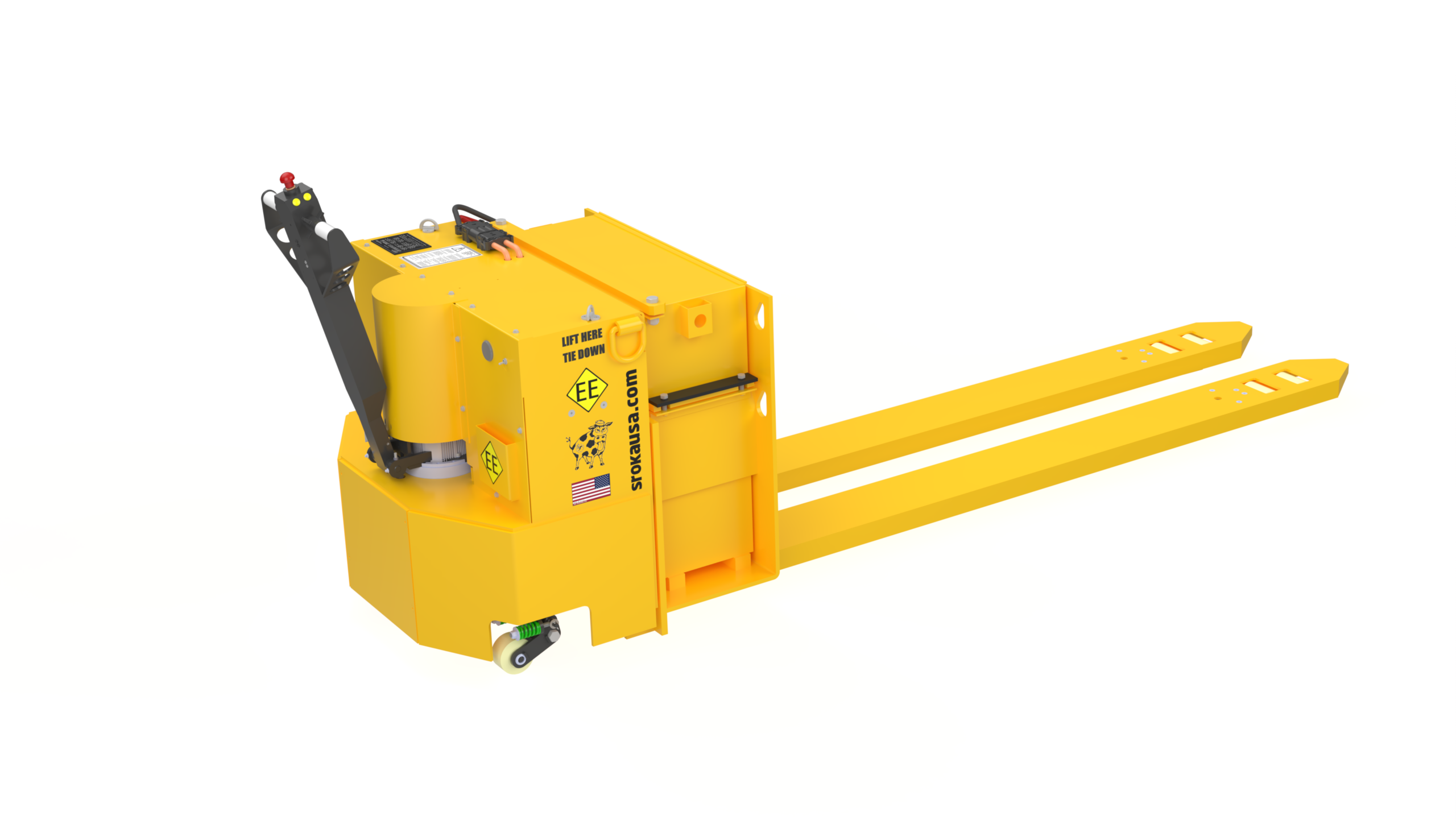 Rear angled view of the Sroka EPJ-USN-100-EE 10000 lb electric walkie pallet truck