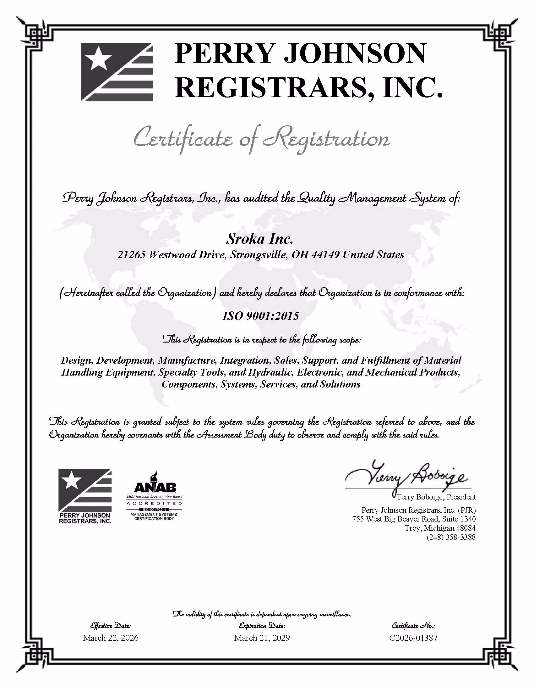 Sroka Inc. ISO 9001:2015 Certificate of Registration - Number C2026-01387