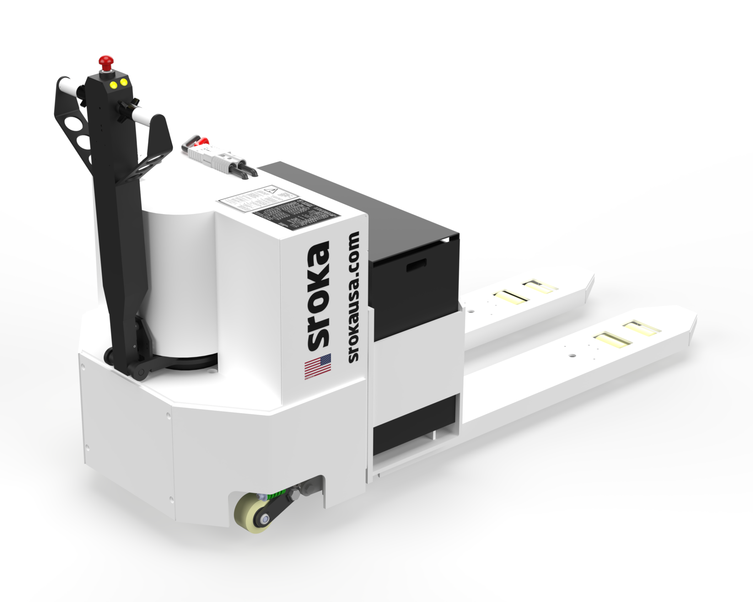 Rear angled view of the Sroka LWP-100 10,000 lb electric walkie pallet truck